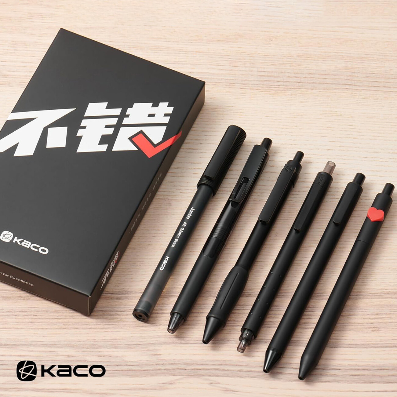 خودکار ژله‌ای مشکی کاکو Kaco اصلی نوک 0.5 میلی‌متری 6 عددی مدل K9