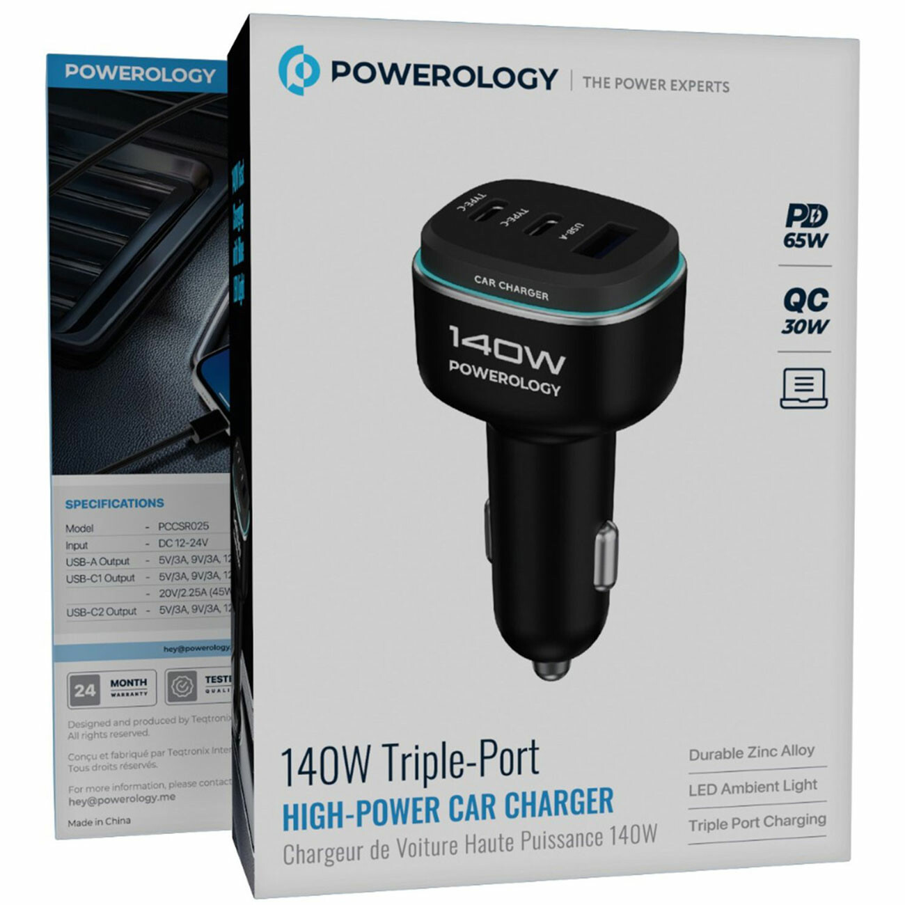 شارژر فندکی سه پورت پاورولوژی Powerology اصل مدل PCCSR025BKGY فست شارژ