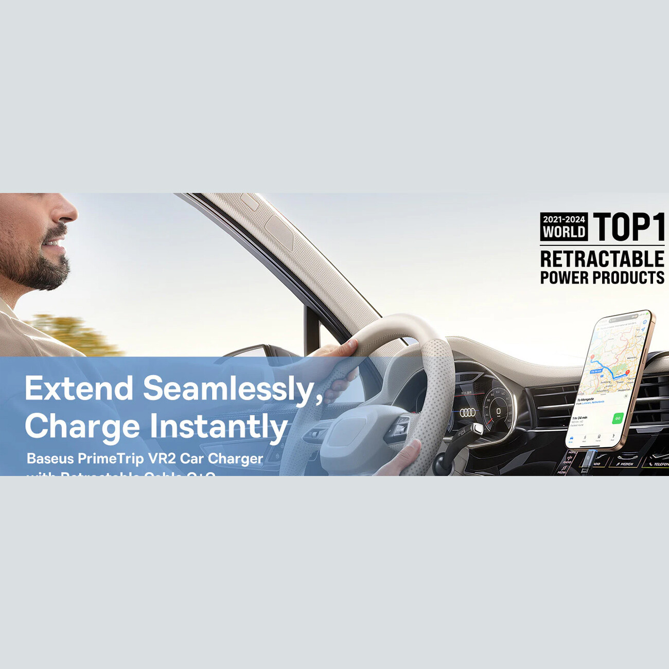 فروش شارژر فندکی فست شارژ ماشین تایپ‌سی  با کابل جمع شونده 30 وات بیسوس