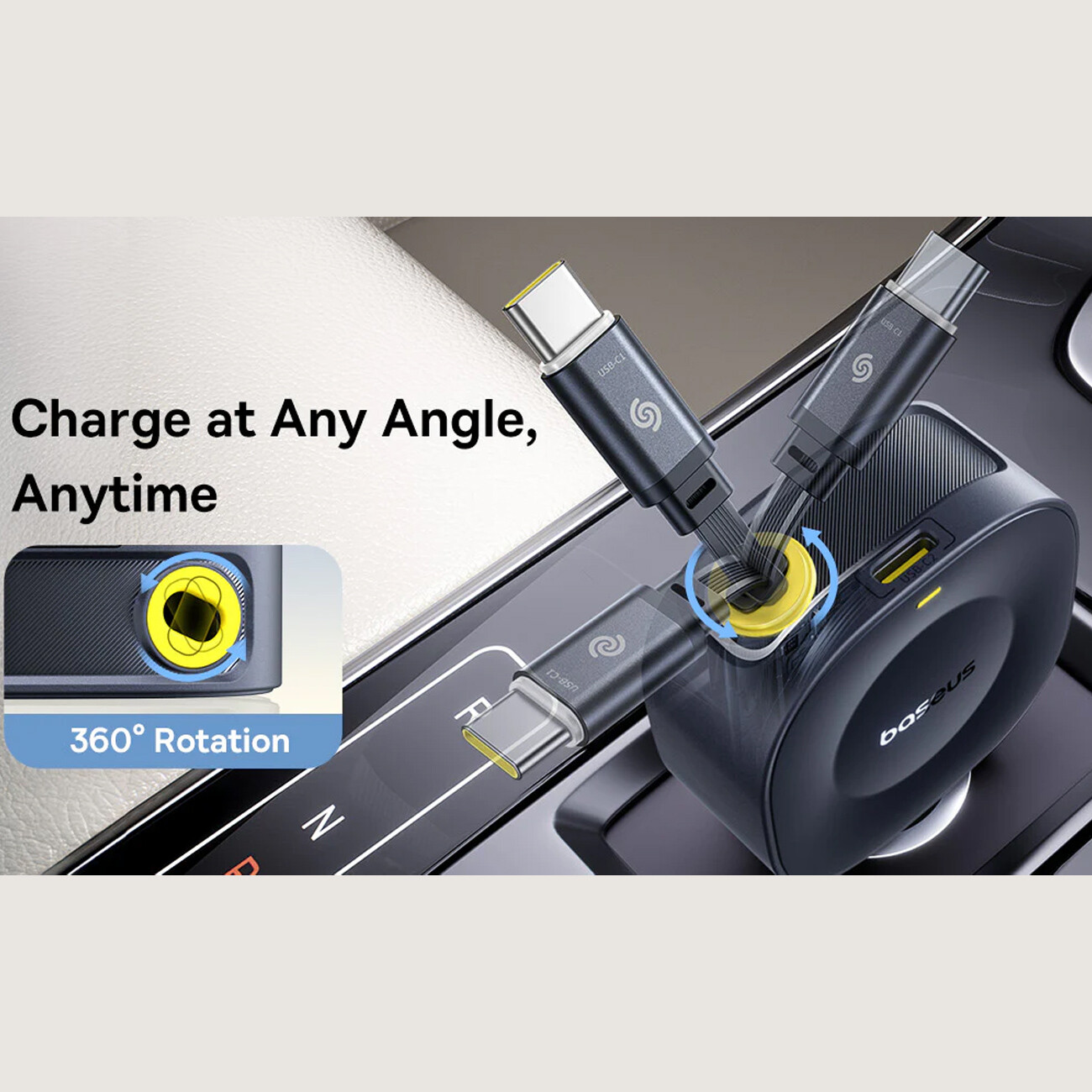 قیمت شارژر فندکی فست شارژ ماشین تایپ‌سی  با کابل جمع شونده 30 وات بیسوس