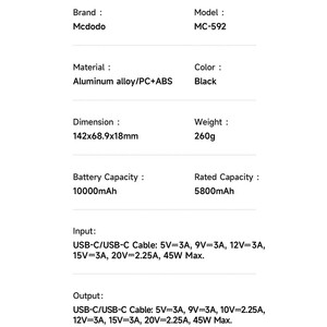 پاور بانک 10000 مک دودو با کابل تایپ سی 45 وات