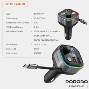 شارژر فندکی و فرستنده FM پورودو Porodo مدل PDFWCH069DG توان 65 وات (A)