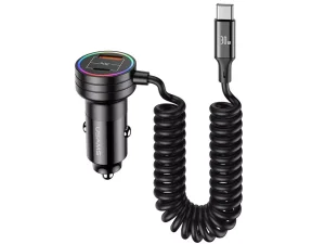 شارژر فندکی دوپورت تایپ سی و یو اس بی و کابل تایپ سی 60 وات یوسامز USAMS US-CC167 C33 Car Charger 60W with Spring Cable