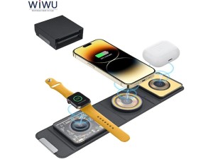 شارژر بی سیم مگنتی تاشو رومیزی 15 وات آیفون، ایرپاد و اپل واچ ویووWiWU Triple Foldable 3 in 1 Wireless Charger 15W Wi-W001
