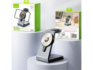 استند و شارژر وایرلس چندکاره مگ سیف باوین Bavin PC1076 3in1 توان 15 وات با قابلیت شارژ اپل واچ