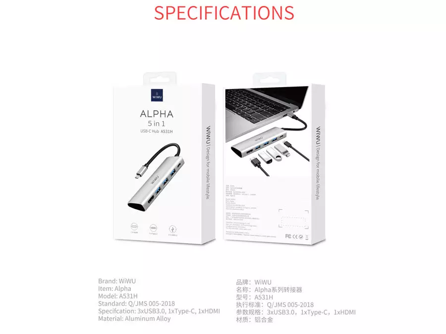 هاب تایپ سی 5 پورت با کابل 1.6 متری ویوو WiWU Alpha 521H 5 In 1 Type C Hub