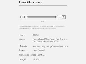 کابل سوپر فست شارژ یو اس بی به تایپ سی 100 وات 1.2 متری بیسوس Baseus Crystal Shine USB to USB-C Cable CAJY000401