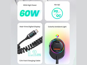 شارژر فندکی تایپ سی و یو اس بی 60 وات دارای کابل تایپ سی 30 وات یوسامز USAMS US-CC192 C37 Type-C+USB Car Charger Type-C Spring Data Cable