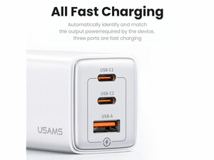 شارژر دیواری فست یو اس بی و تایپ سی 65 وات یوسامز USAMS US-CC180 ACC Three Ports GaN Charger EU Plug