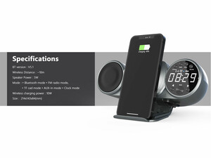 اسپیکر، شارژر بی سیم و سیمی، هولدر موبایل و ساعت رومیزی Wireless Wireless Charge Clock Speakers 6 in 1 WD-100