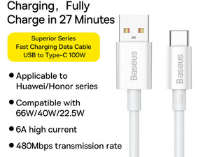 کابل سوپر فست شارژ یو اس بی به تایپ سی 100 وات 2 متر بیسوس Baseus Superior Series Fast Charging Data Cable USB to Type-C 100W P10320102114-02