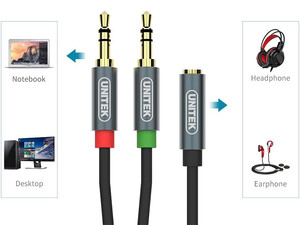 فروش کابل مبدل دو به یک 0.2 متر AUX یونیتک Unitek Y-C957ABK 0.2M, 3.5MM AUX Audio Cable Female to 2*Male