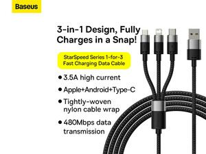 قیمت کابل تبدیل 1.2 متری USB به USB-C microUSB لایتنینگ باسئوس Baseus StarSpeed 1-for-3 Fast Charging Data Cable 1.2m CAXS000001