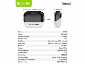 هندزفری بی سیم باوین BAVIN BA15 Hi-Fi TWS Bluetooth 5.0 Wireless Earphone