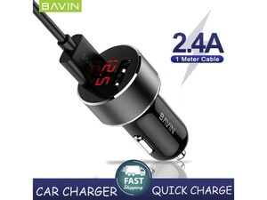 خرید شارژر دیواری یواس‌بی با کابل تایپ‌سی باوین BAVIN PC373 2.4A Digital Power Indicator Car Charger Dual USB Port 12W