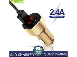 قیمت شارژر دیواری یواس‌بی با کابل تایپ‌سی باوین BAVIN PC373 2.4A Digital Power Indicator Car Charger Dual USB Port 12W