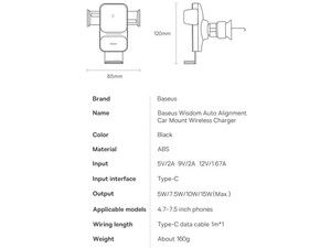 پایه نگهدارنده و شارژر وایرلس موبایل خودرو بیسوس Baseus Wisdom 15W Wireless Charger Air Vent Car Mount Holder CGZX000001