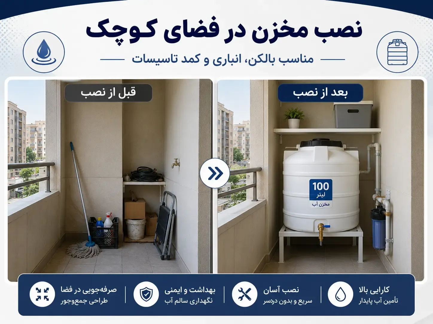 نصب مخزن آب ۱۰۰ لیتری در بالکن و فضای کوچک