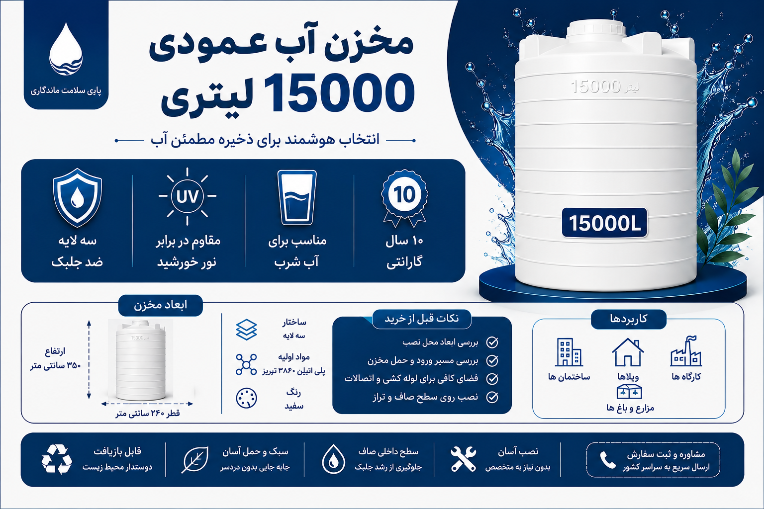 مخزن آب ۱۵۰۰۰ لیتری پلی اتیلن
