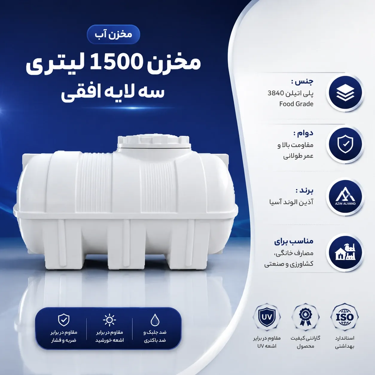 مخزن 1500 لیتری سه لایه افقی