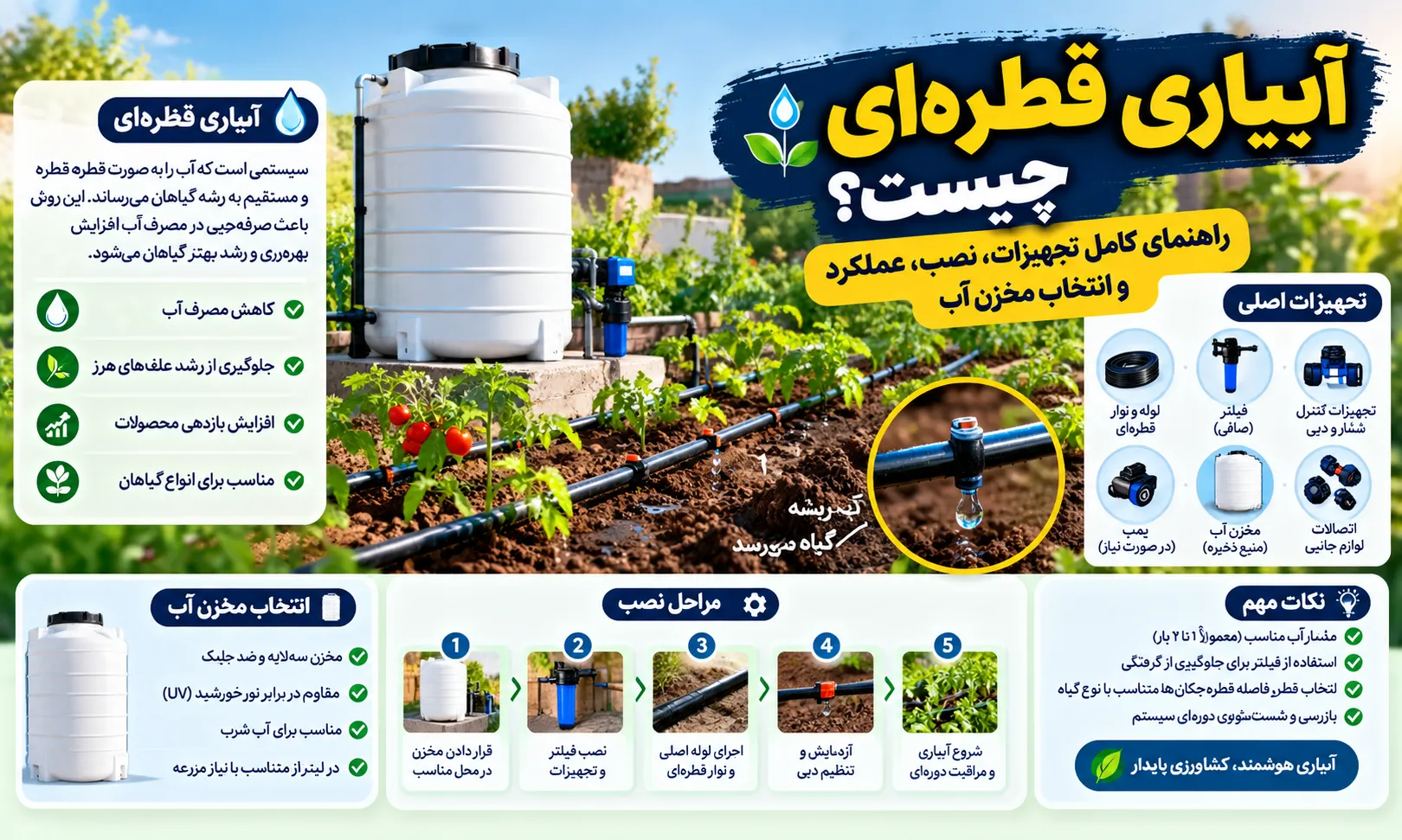 آبیاری قطره&zwnj;ای چیست؟ راهنمای کامل تجهیزات، نصب، عملکرد و انتخاب مخزن آب