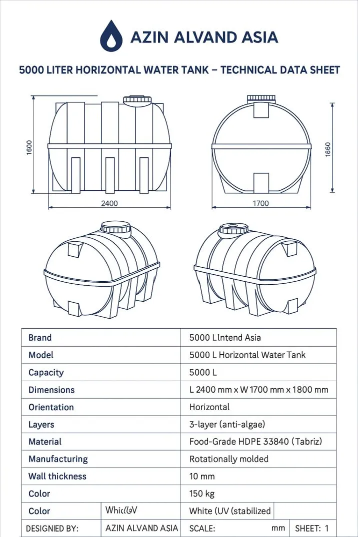 نقشه فنی مخزن آب 5000 لیتری افقی