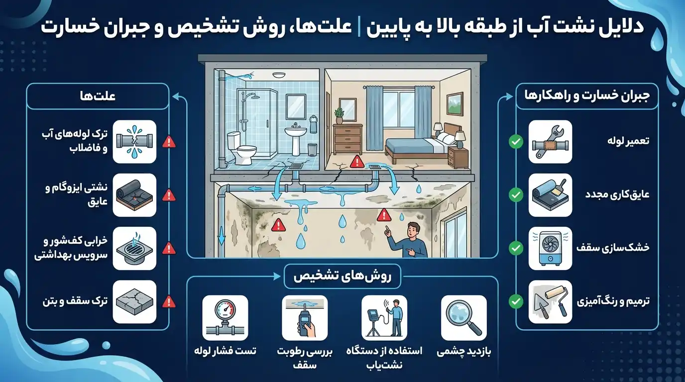 دلایل نشت آب از طبقه بالا به پایین | علتها، روش تشخیص و جبران خسارت