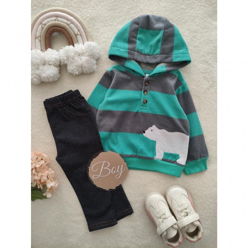 ست دو تیکه هودی شلوار سبز_طوسی