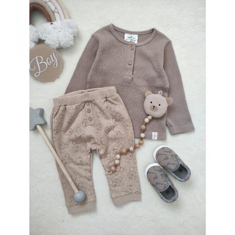 بلوز بیسکوییتی دو دکمه/ شلوار فاق گرد میکی موس