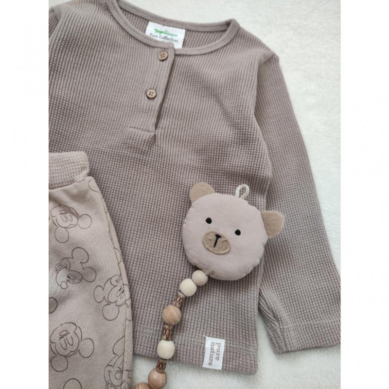 بلوز بیسکوییتی دو دکمه/ شلوار فاق گرد میکی موس