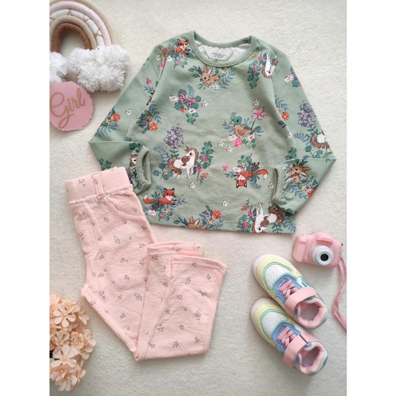 بلوز سبز اسب تک شاخ و شلوار مجلسی صورتی شکوفه