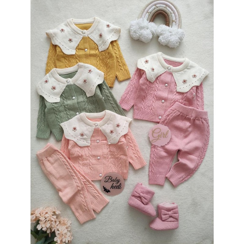 ست ژاکت و شلوار گیسو بافت صورتی و گلبهی