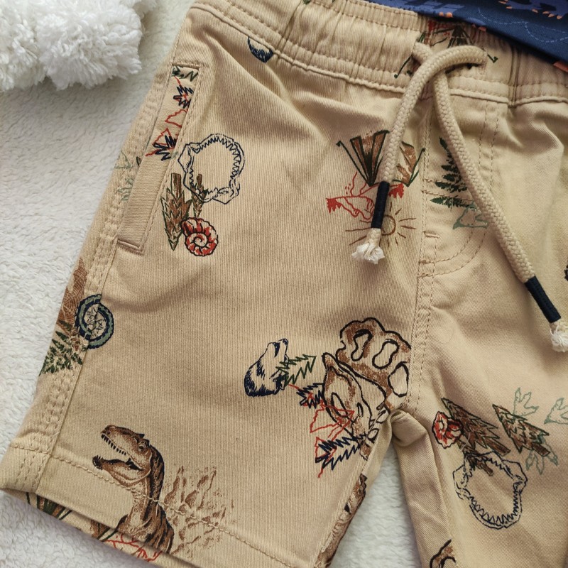 شلوارک پسرانه کتان کرم طرح طبیعت و دایناسور