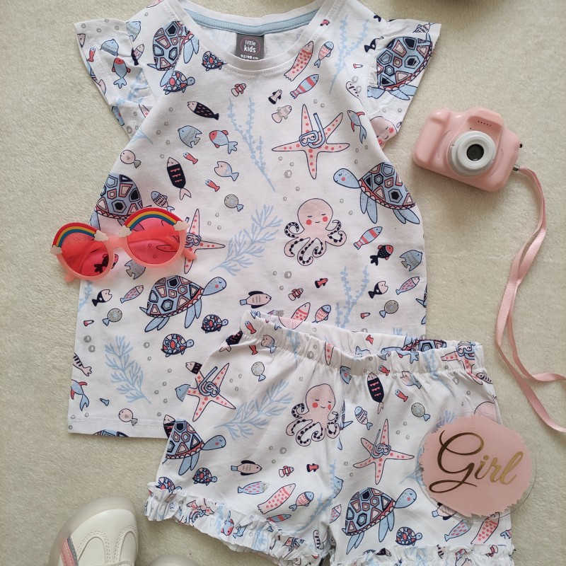 تیشرت و شلوارک تابستانه ی دخترانه، آستین چیندار