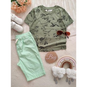 تیشرت دایناسور سبز و شلوارک کتان کاغذی