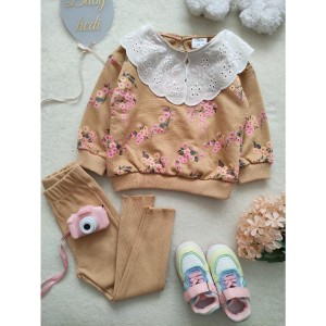 ست بلوز و شلوار یقه گیپور شکوفه کرم