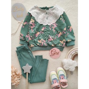 ست بلوز و شلوار یقه گیپور شکوفه سبز