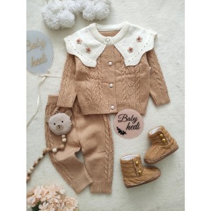 ست ژاکت و شلوار گیسو بافت نسکافه ای