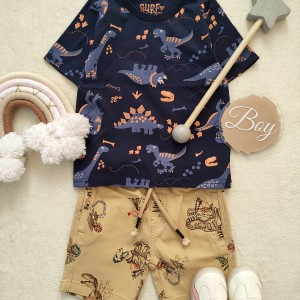 تی شرت پسرانه سورمه ای  طرح دایناسور