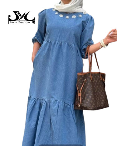 پیراهن زنانه جین یقه مرواریدی