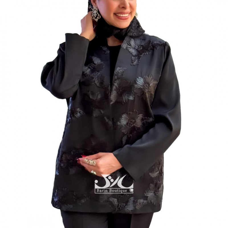 مانتو کت مجلسی گل اپلیکه ساتن