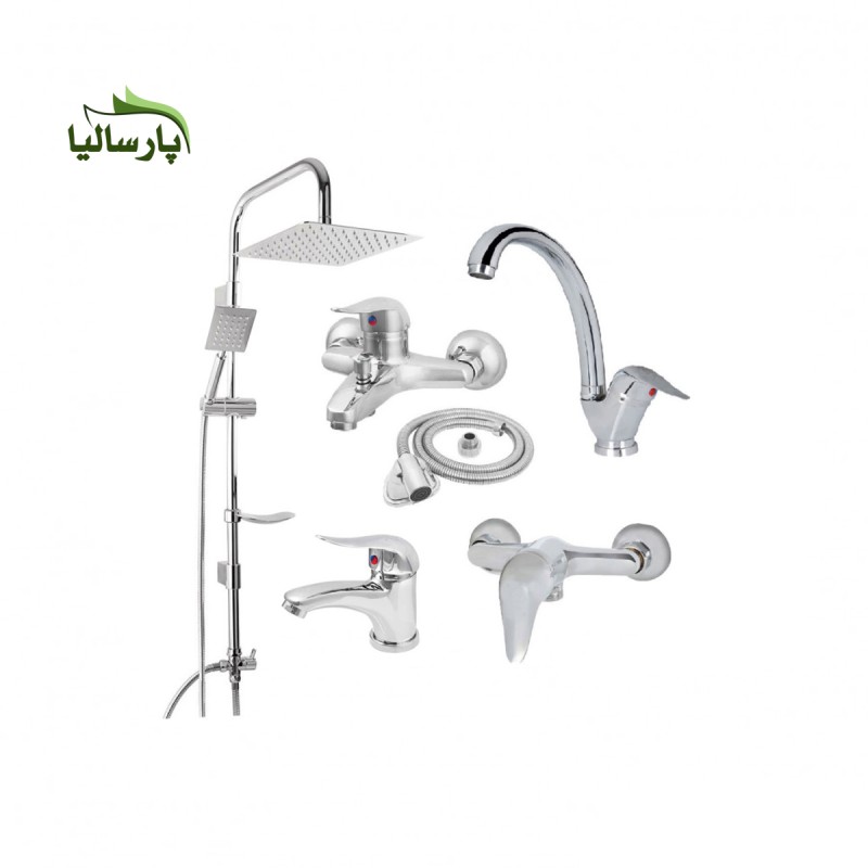ست 6 عددی شیرآلات اهرمی با علم دوش دو کاره استیل فلت و شلنگ توالت