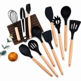 ست کفگیر و ملاقه سیلیکونی 12 پارچه Kitchen & dining مدل دسته چوبی Original