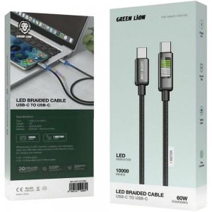 کابل شارژ Type-C به Type-C گرین لاین مدل Green Lion Led Braided Cable GNLEDTC2TCBK طول 1 متر در بروزکالا