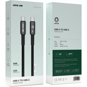 کابل شارژ Type-C به Type-C گرین لاین مدل Green Lion Led Braided Cable GNLEDTC2TCBK طول 1 متر در بروزکالا