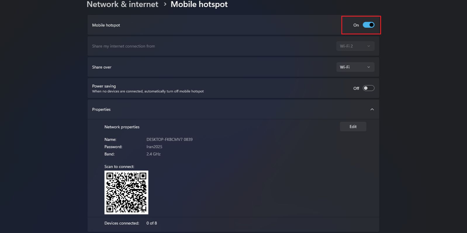 تنظیمات Mobile Hotspot