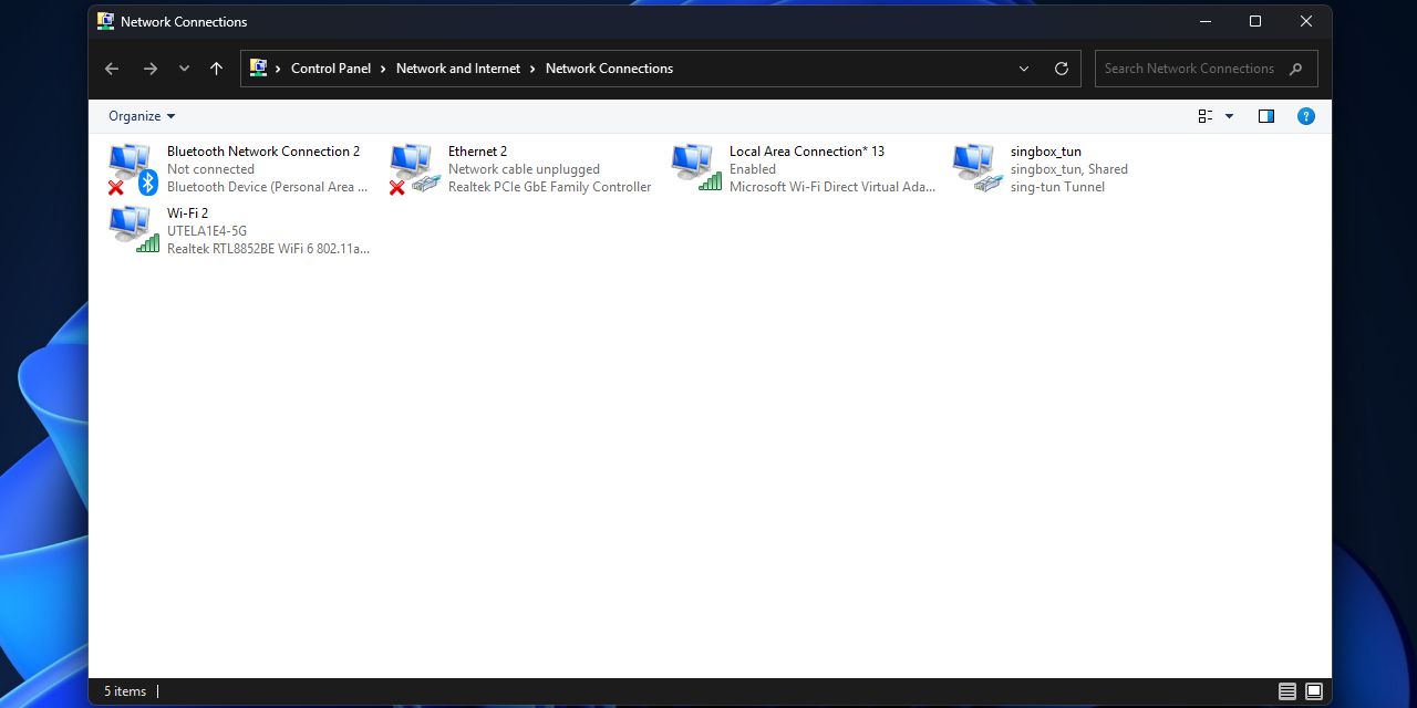 لیست اتصالات شبکه