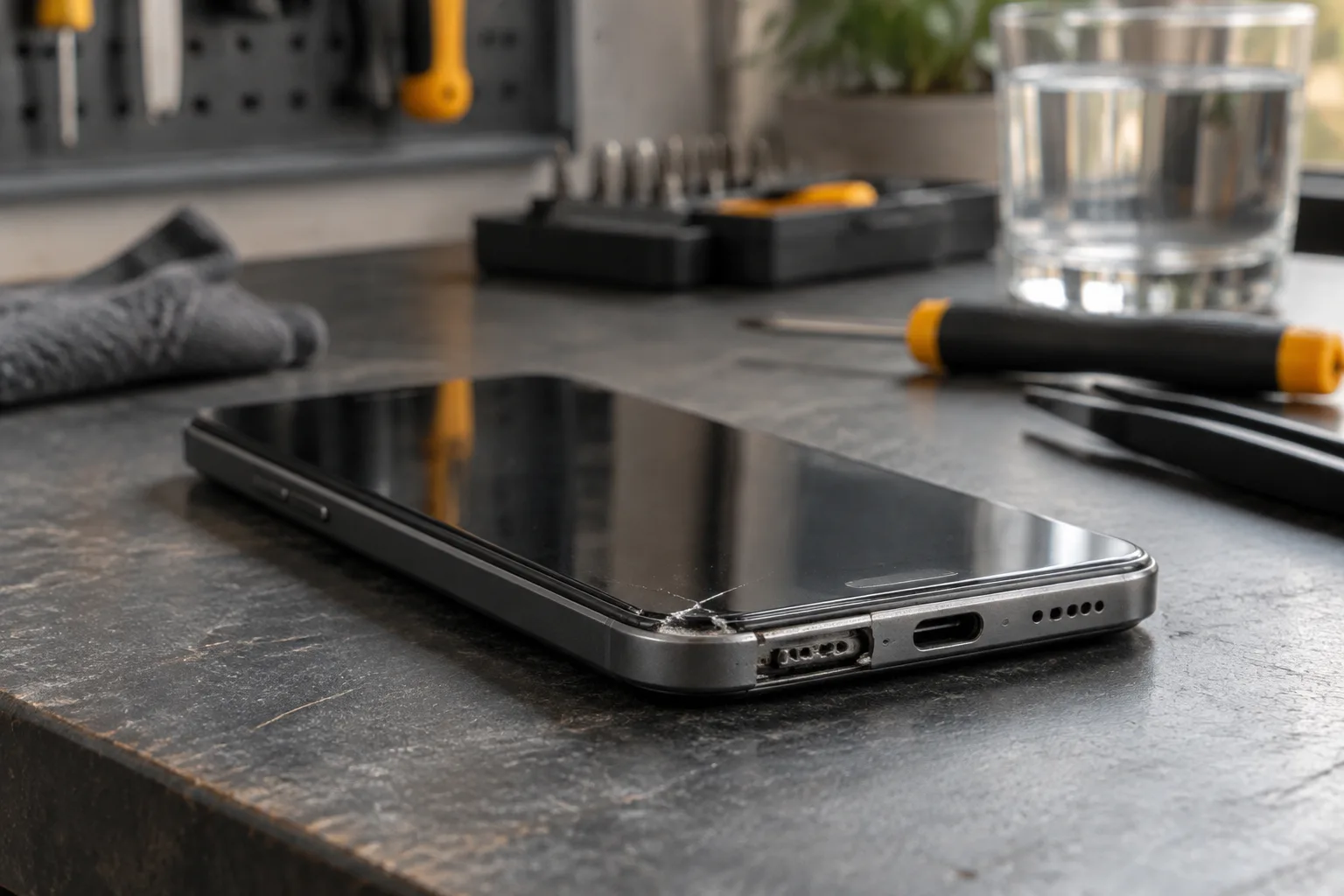 گوشی هوشمندی با ترک ظریف در قاب و درگاه USB-C باز، دور از آب و بخار، برای نمایش کاهش مقاومت پس از آسیب یا تعمیر