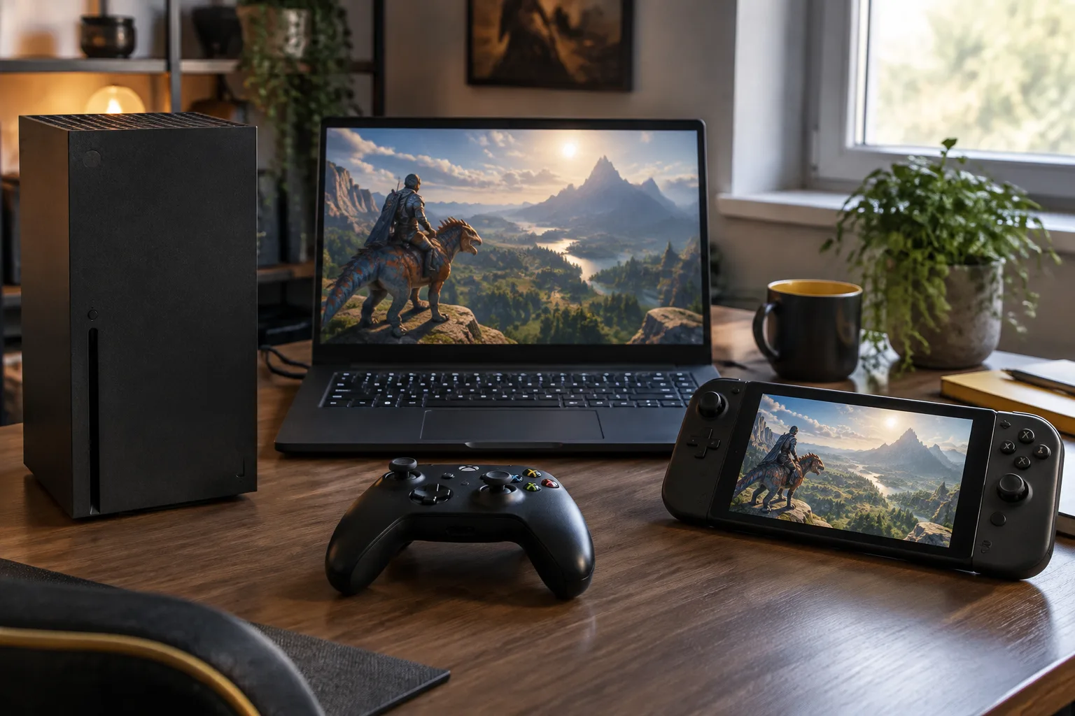 رایانه ویندوزی و کنسول Xbox در کنار یکدیگر با کنترلر و فضای خالی برای نمایش مفهوم همگامسازی ذخیره بازی