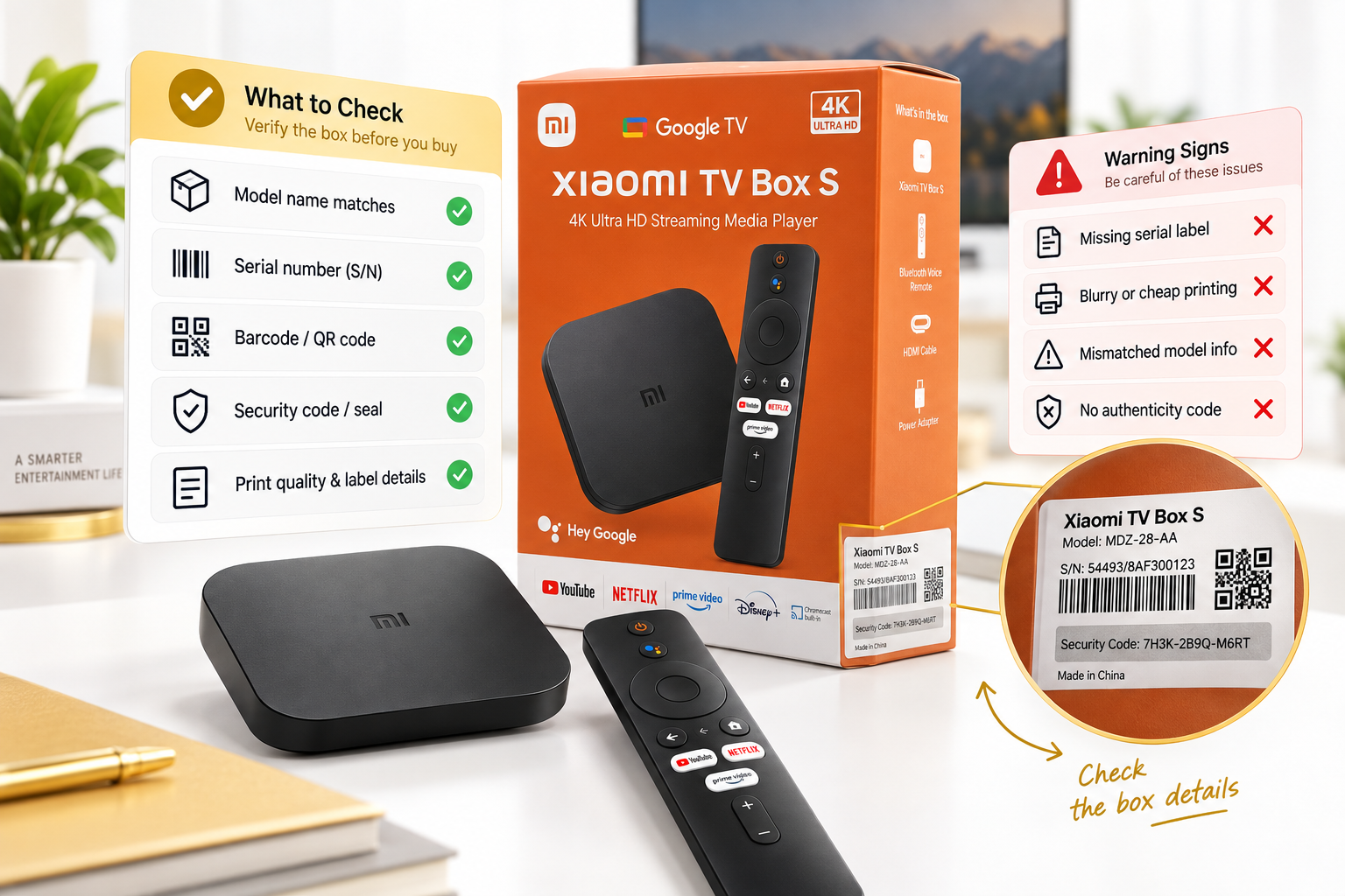 بررسی سریال، کد اصالت، بارکد، QR Code و اطلاعات روی جعبه Xiaomi TV Box S